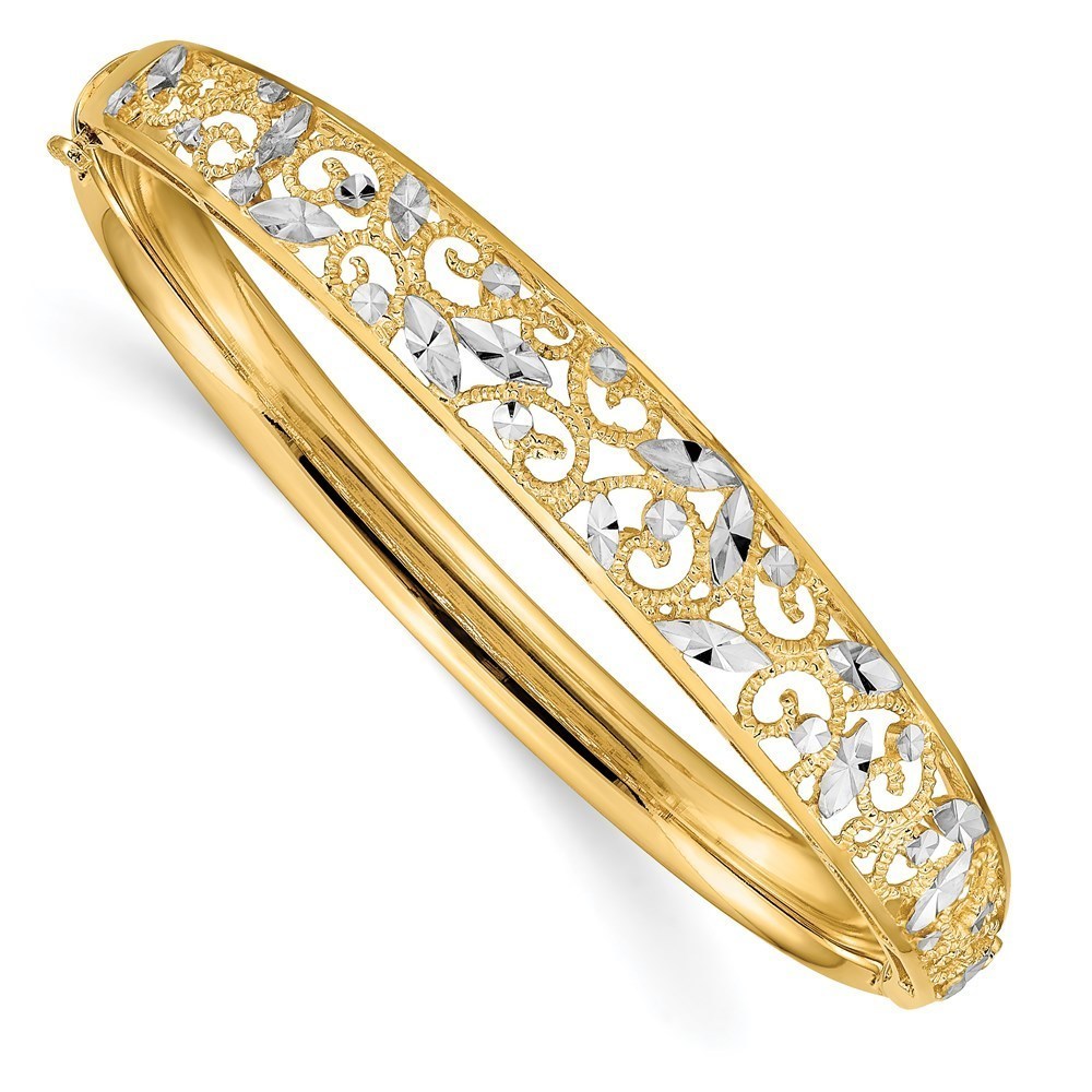 14k Yellow Gold w/White Rhodium Diamond-cut Graduated Hinged Bangle Bracelet